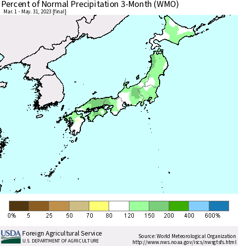 Japan Percent of Normal Precipitation 3-Month (WMO) Thematic Map For 3/1/2023 - 5/31/2023