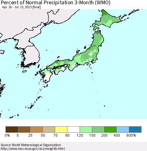 Japan Percent of Normal Precipitation 3-Month (WMO) Thematic Map For 4/16/2023 - 7/15/2023