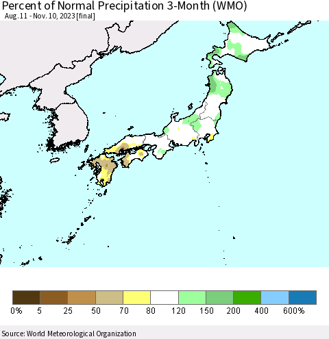 Japan Percent of Normal Precipitation 3-Month (WMO) Thematic Map For 8/11/2023 - 11/10/2023