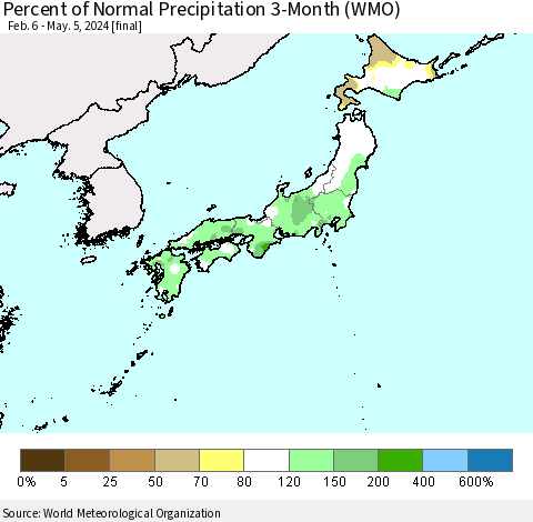 Japan Percent of Normal Precipitation 3-Month (WMO) Thematic Map For 2/6/2024 - 5/5/2024