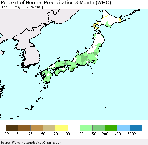 Japan Percent of Normal Precipitation 3-Month (WMO) Thematic Map For 2/11/2024 - 5/10/2024