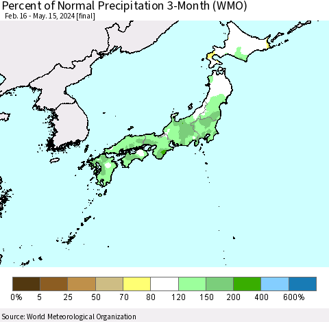Japan Percent of Normal Precipitation 3-Month (WMO) Thematic Map For 2/16/2024 - 5/15/2024