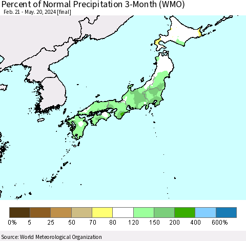 Japan Percent of Normal Precipitation 3-Month (WMO) Thematic Map For 2/21/2024 - 5/20/2024