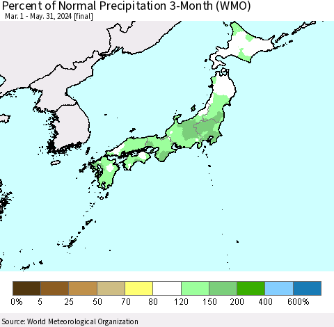 Japan Percent of Normal Precipitation 3-Month (WMO) Thematic Map For 3/1/2024 - 5/31/2024