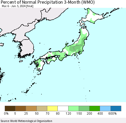Japan Percent of Normal Precipitation 3-Month (WMO) Thematic Map For 3/6/2024 - 6/5/2024