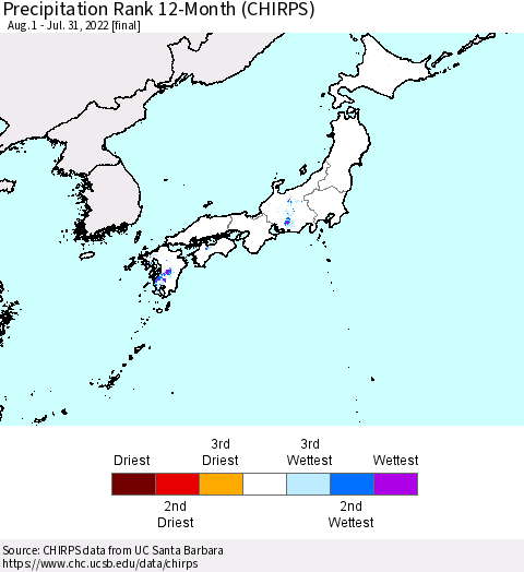 Japan Precipitation Rank since 1981, 12-Month (CHIRPS) Thematic Map For 8/1/2021 - 7/31/2022