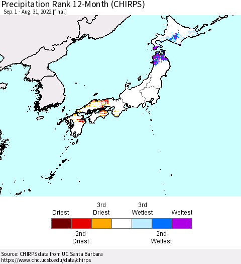Japan Precipitation Rank since 1981, 12-Month (CHIRPS) Thematic Map For 9/1/2021 - 8/31/2022
