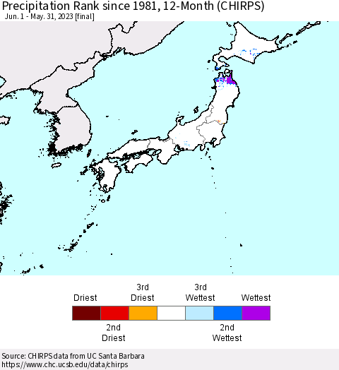 Japan Precipitation Rank since 1981, 12-Month (CHIRPS) Thematic Map For 6/1/2022 - 5/31/2023