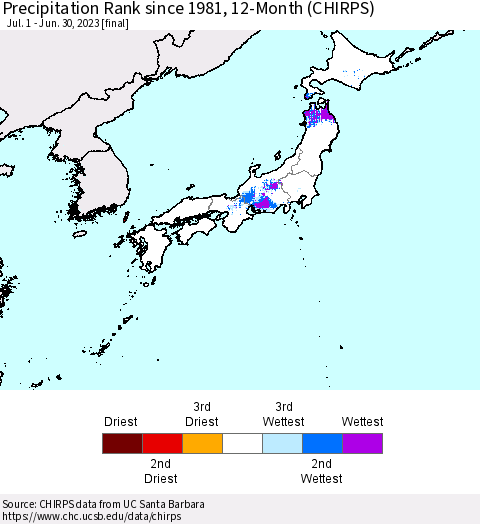 Japan Precipitation Rank since 1981, 12-Month (CHIRPS) Thematic Map For 7/1/2022 - 6/30/2023