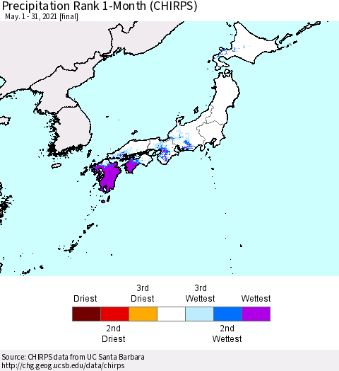 Japan Precipitation Rank since 1981, 1-Month (CHIRPS) Thematic Map For 5/1/2021 - 5/31/2021