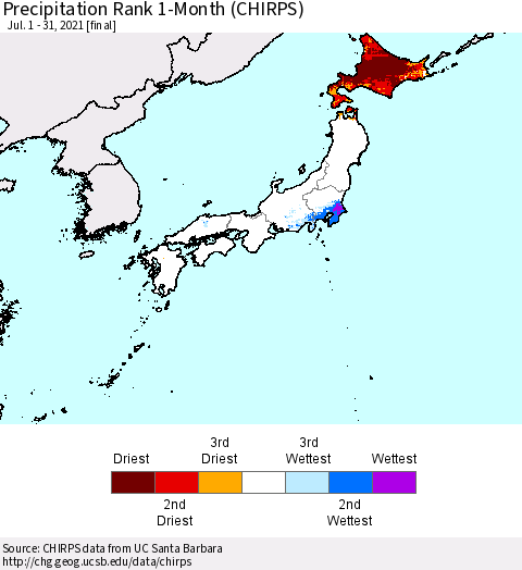 Japan Precipitation Rank since 1981, 1-Month (CHIRPS) Thematic Map For 7/1/2021 - 7/31/2021