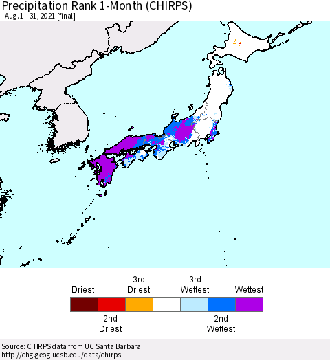 Japan Precipitation Rank since 1981, 1-Month (CHIRPS) Thematic Map For 8/1/2021 - 8/31/2021