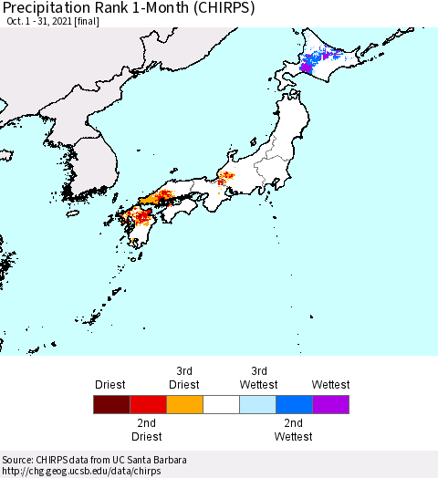 Japan Precipitation Rank since 1981, 1-Month (CHIRPS) Thematic Map For 10/1/2021 - 10/31/2021