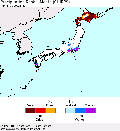 Japan Precipitation Rank since 1981, 1-Month (CHIRPS) Thematic Map For 4/1/2022 - 4/30/2022
