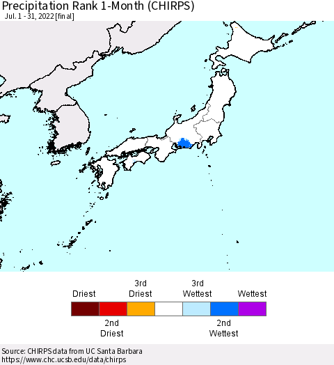 Japan Precipitation Rank since 1981, 1-Month (CHIRPS) Thematic Map For 7/1/2022 - 7/31/2022