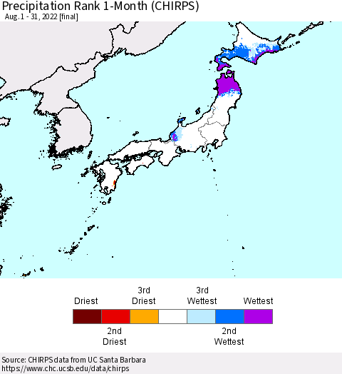 Japan Precipitation Rank since 1981, 1-Month (CHIRPS) Thematic Map For 8/1/2022 - 8/31/2022