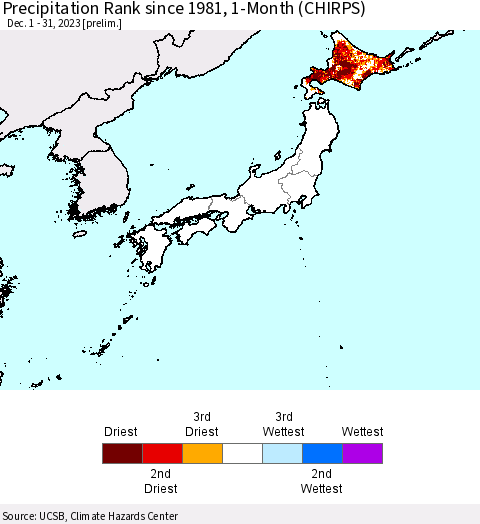 Japan Precipitation Rank since 1981, 1-Month (CHIRPS) Thematic Map For 12/1/2023 - 12/31/2023