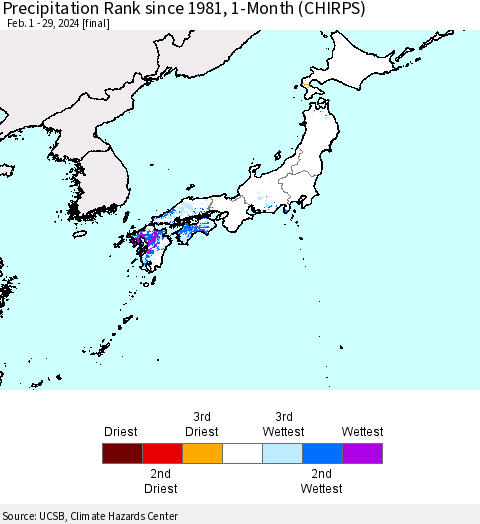Japan Precipitation Rank since 1981, 1-Month (CHIRPS) Thematic Map For 2/1/2024 - 2/29/2024