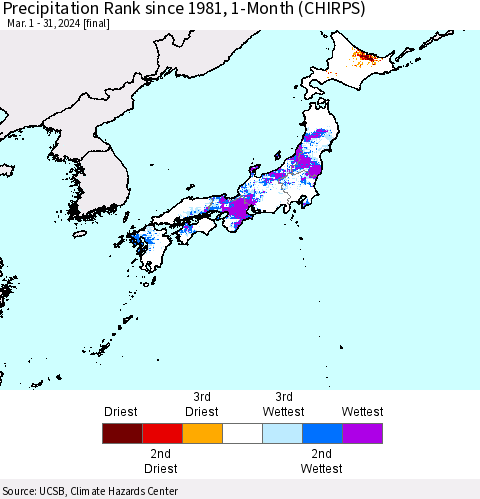 Japan Precipitation Rank since 1981, 1-Month (CHIRPS) Thematic Map For 3/1/2024 - 3/31/2024