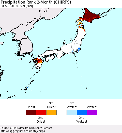 Japan Precipitation Rank since 1981, 2-Month (CHIRPS) Thematic Map For 6/1/2021 - 7/31/2021