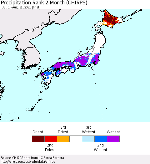 Japan Precipitation Rank since 1981, 2-Month (CHIRPS) Thematic Map For 7/1/2021 - 8/31/2021