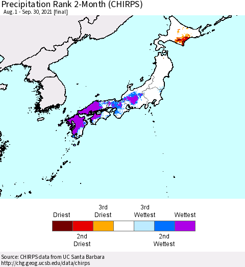 Japan Precipitation Rank since 1981, 2-Month (CHIRPS) Thematic Map For 8/1/2021 - 9/30/2021