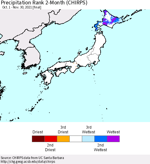 Japan Precipitation Rank since 1981, 2-Month (CHIRPS) Thematic Map For 10/1/2021 - 11/30/2021
