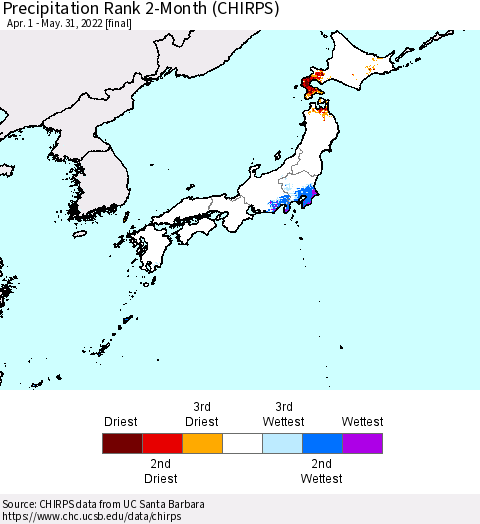 Japan Precipitation Rank since 1981, 2-Month (CHIRPS) Thematic Map For 4/1/2022 - 5/31/2022