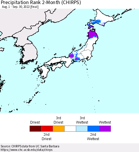 Japan Precipitation Rank since 1981, 2-Month (CHIRPS) Thematic Map For 8/1/2022 - 9/30/2022