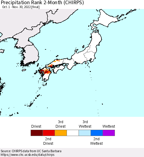 Japan Precipitation Rank since 1981, 2-Month (CHIRPS) Thematic Map For 10/1/2022 - 11/30/2022