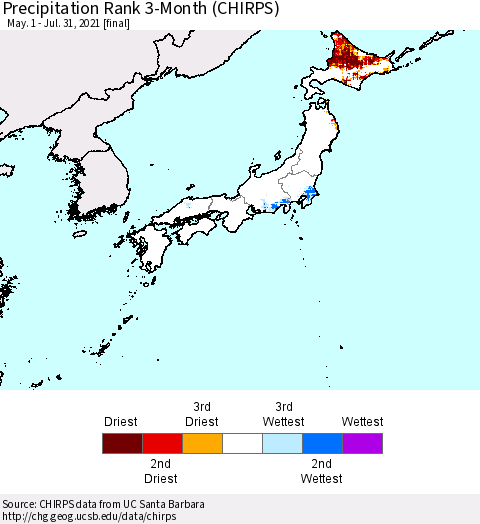 Japan Precipitation Rank since 1981, 3-Month (CHIRPS) Thematic Map For 5/1/2021 - 7/31/2021