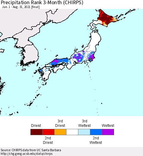 Japan Precipitation Rank since 1981, 3-Month (CHIRPS) Thematic Map For 6/1/2021 - 8/31/2021