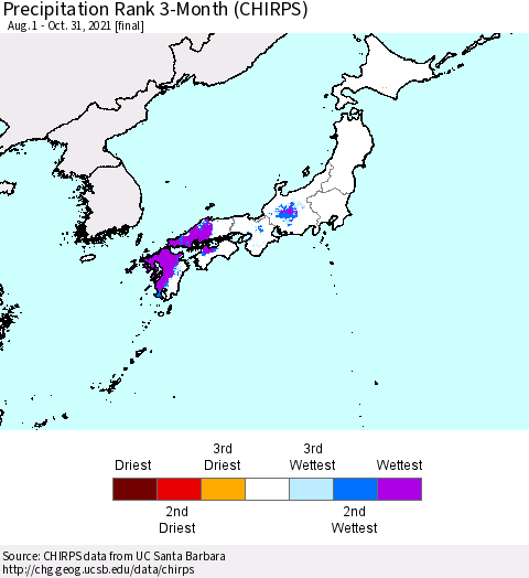 Japan Precipitation Rank since 1981, 3-Month (CHIRPS) Thematic Map For 8/1/2021 - 10/31/2021
