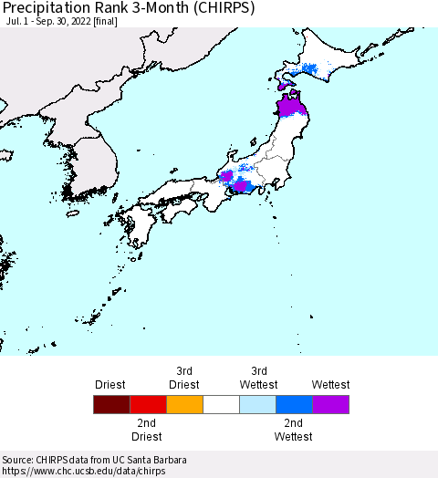 Japan Precipitation Rank since 1981, 3-Month (CHIRPS) Thematic Map For 7/1/2022 - 9/30/2022