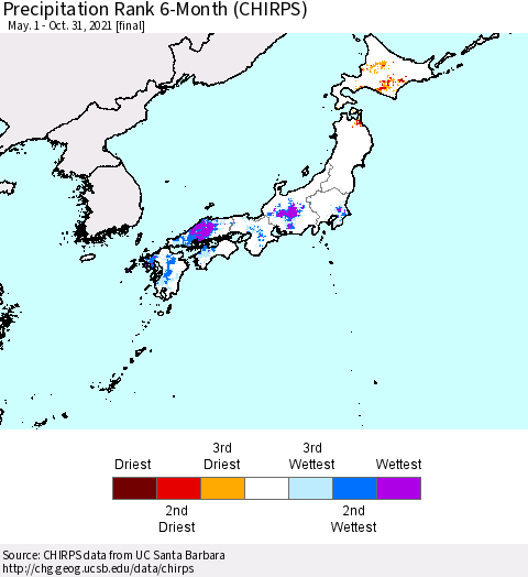 Japan Precipitation Rank since 1981, 6-Month (CHIRPS) Thematic Map For 5/1/2021 - 10/31/2021