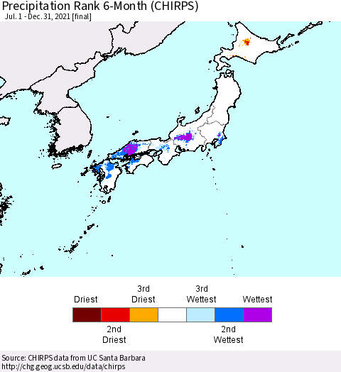 Japan Precipitation Rank since 1981, 6-Month (CHIRPS) Thematic Map For 7/1/2021 - 12/31/2021