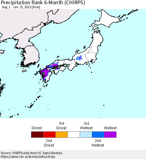 Japan Precipitation Rank since 1981, 6-Month (CHIRPS) Thematic Map For 8/1/2021 - 1/31/2022