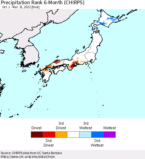 Japan Precipitation Rank since 1981, 6-Month (CHIRPS) Thematic Map For 10/1/2021 - 3/31/2022