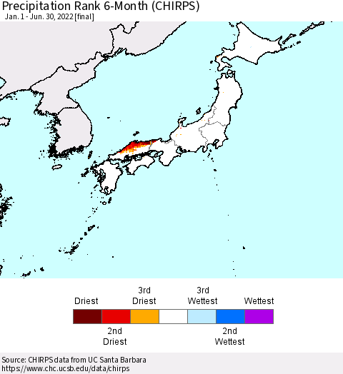 Japan Precipitation Rank since 1981, 6-Month (CHIRPS) Thematic Map For 1/1/2022 - 6/30/2022