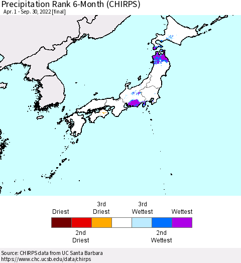 Japan Precipitation Rank since 1981, 6-Month (CHIRPS) Thematic Map For 4/1/2022 - 9/30/2022