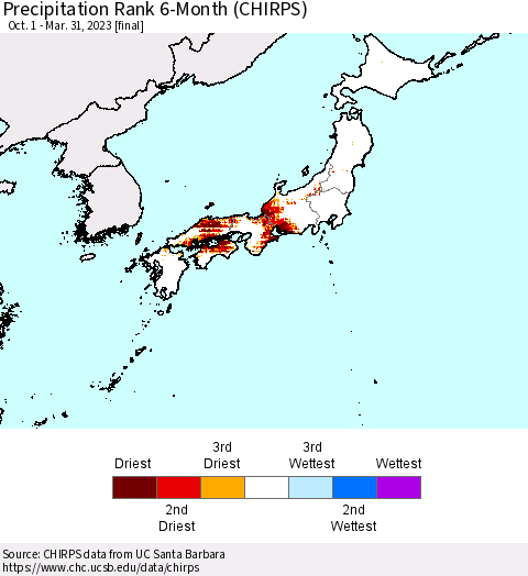Japan Precipitation Rank since 1981, 6-Month (CHIRPS) Thematic Map For 10/1/2022 - 3/31/2023