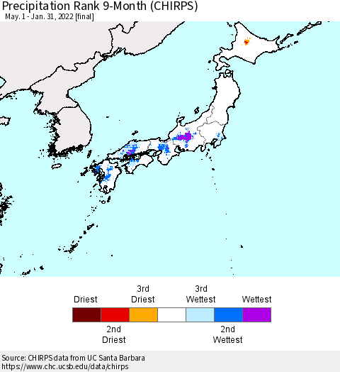 Japan Precipitation Rank since 1981, 9-Month (CHIRPS) Thematic Map For 5/1/2021 - 1/31/2022