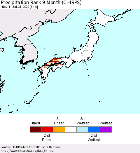 Japan Precipitation Rank since 1981, 9-Month (CHIRPS) Thematic Map For 11/1/2021 - 7/31/2022