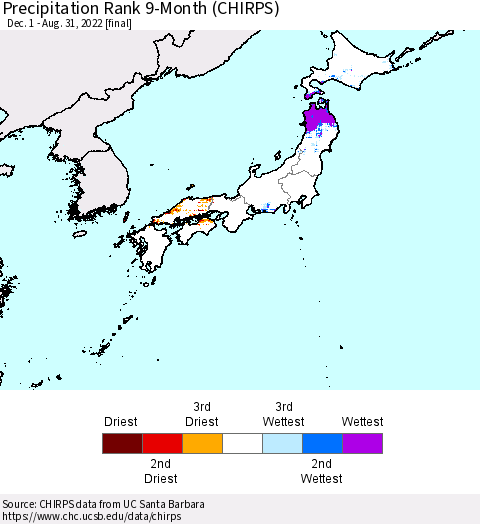 Japan Precipitation Rank since 1981, 9-Month (CHIRPS) Thematic Map For 12/1/2021 - 8/31/2022