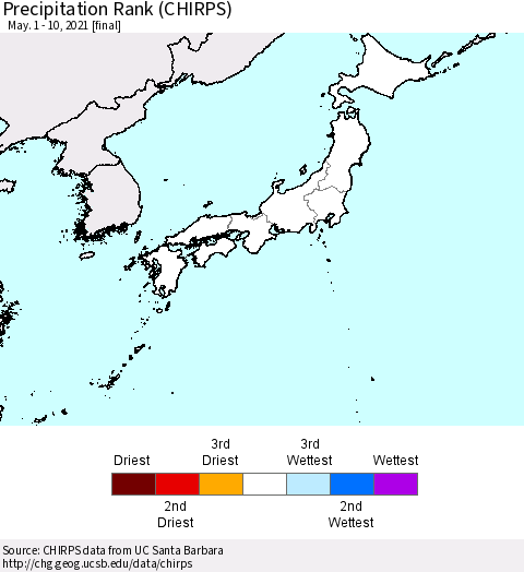 Japan Precipitation Rank since 1981 (CHIRPS) Thematic Map For 5/1/2021 - 5/10/2021