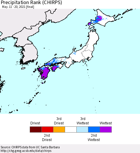 Japan Precipitation Rank since 1981 (CHIRPS) Thematic Map For 5/11/2021 - 5/20/2021