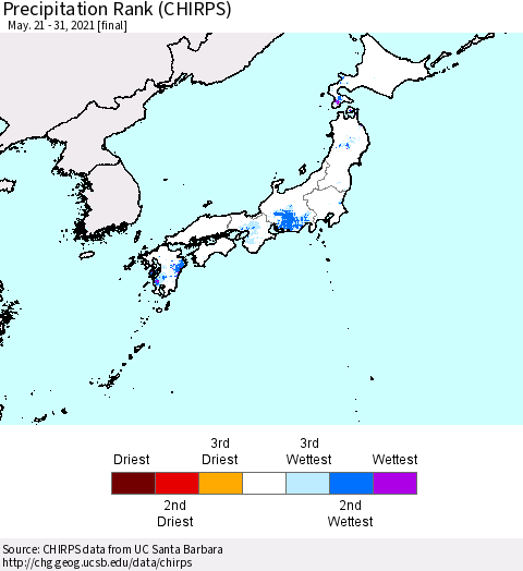 Japan Precipitation Rank since 1981 (CHIRPS) Thematic Map For 5/21/2021 - 5/31/2021