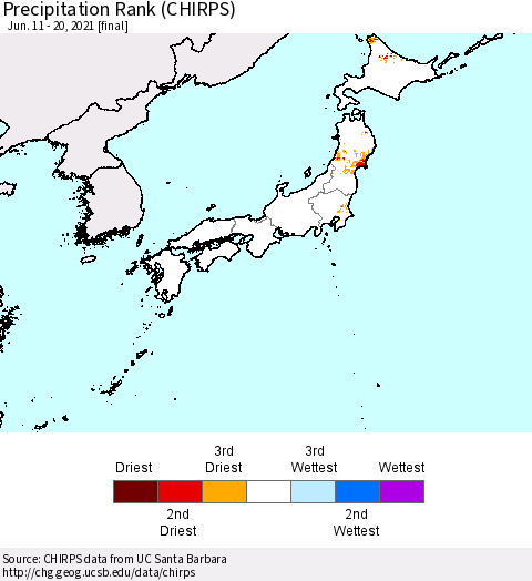 Japan Precipitation Rank since 1981 (CHIRPS) Thematic Map For 6/11/2021 - 6/20/2021