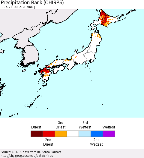 Japan Precipitation Rank since 1981 (CHIRPS) Thematic Map For 6/21/2021 - 6/30/2021