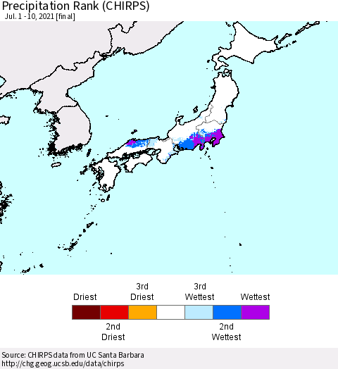Japan Precipitation Rank since 1981 (CHIRPS) Thematic Map For 7/1/2021 - 7/10/2021
